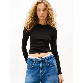 Langarmshirt TOMMY JEANS "TJW SLIM ESSENTIAL RIB LS", Damen, Gr. L (40), schwarz, Rippware, Obermaterial: 95% Baumwolle, 5% Elasthan, unifarben, slim fit hüftlang, Rundhals, eingesetzt abgesteppt, Shirts Langarmshirt, mit Logostickerei