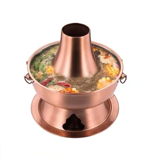 SYLUOQP Feuertopf, chinesischer Holzkohle-Feuertopf, chinesischer Kupfer-Feuertopf, dickwandiger mongolischer Rindfleisch-Feuertopf aus reinem Kupfer, for Familienessen, Grillabende, Picknicks(32cm)