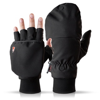 Heat 2 Fingerlose Handschuhe und Fäustlinge Kombination, warme Winterhandschuhe gegen den Wind und Kälte im Winter – Sporthandschuhe, Fahrradhandschuhe Damen, Herren, schwarz, Large