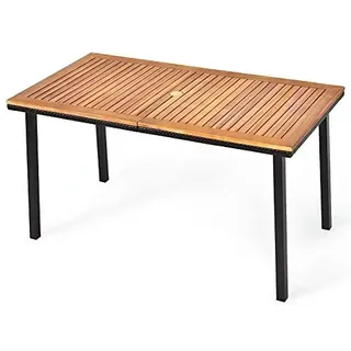 COSTWAY Gartentisch Terrassentisch 140x75x76cm, Holztisch Akazienholz mit Schirmloch, Esstisch Rechteckig Metallrahmen für 6-8 Personen, Braun