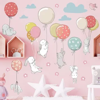 WandSticker4U®- Wandtattoo Kinderzimmer TIERE & LUFTBALLON bunt (105x72 cm) I Wandsticker Babyzimmer Waldtiere Hasen Luftballons Wolken I Wandaufkleber Kinderzimmer Deko Mädchen Junge