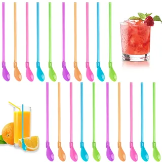 Fonyiunce 20 Stück Strohhalme Löffel, Trinkhalm Löffel, Plastik Mehrfarbig S-trohhalme mit Löffe, 2-in-1 Strohhalme mit Löffe, Trinkhalme Wiederverwendbar,für Kaffee,Smoothies,Cocktails