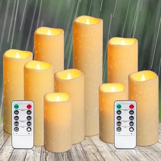Auralome LED Kerzen Timerfunktion Outdoor - Timer Fernbedienung Flammenlose Kerze Set Flamme Wasserdicht Batterie Elektrische Stumpenkerzen Flackernde Außen Große Kunststoff Kerzen Weiß Deko 9 Stück