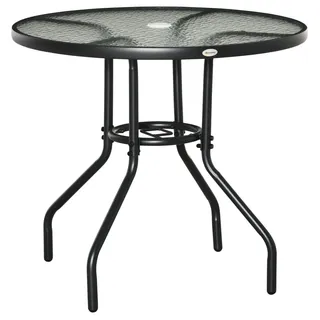 Gartentisch Garten Beistelltisch Gartenmöbel Balkontisch Bistrotisch Mit Schirmloch Hartglas + Metall Schwarz Ø80 X 72 Cm