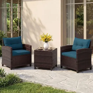 FANTASK Gartenmöbel 3er Set, Balkonmöbel Rattan Set inkl. 2 Rattanstühle & Gartentisch, Gartensitzgruppe Lounge Set mit Akazienholzplatte & Sitzkissen, Sitzgruppe für Terrassen, Balkon (Pfauenblau)