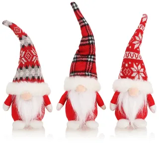 com-four® 3X Premium Weihnachts-Wichtel - Weihnachtsdeko - skandinavische Deko-Trolle - winterliche Zwergen-Figur - Dekoartikel - schwedischer Gnom mit Bart und Strickmütze (3X - grau/rot/weiß)