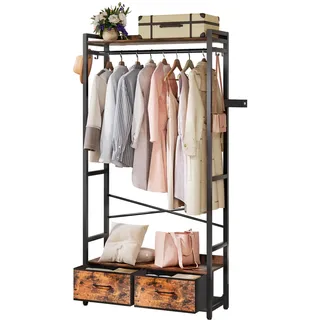 Yorbay Kleiderständer Offen aus Metall Holz: Offener Kleiderschrank Garderobe mit Kleiderstange und 2 Schubladen - Stabil Schwerlast Garderobenständer für Schlafzimmer Wohnzimmer Vintage