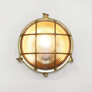 Licht-Erlebnisse Wandlampe Außen Messing Glas IP64 Haus Eingang Ø21 cm E27 max. 18 W rund Maritim Gitter Rustikale Außenleuchte Garten SERIFOS