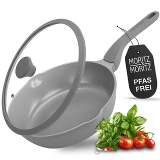 Moritz & Moritz Keramik Pfanne mit Deckel 26cm - frei von PFAS, PFOA & PTFE - Antihaft Bratpfanne 26cm - Schmorpfanne für alle Herdarten geeignet - Ideal zum Braten, Schmoren und Servieren - Grau