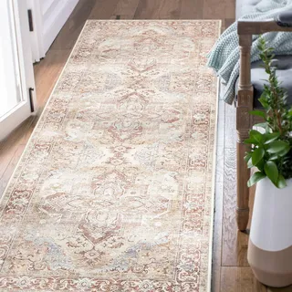 TOPICK Läufer Flur Waschbar Fußmatte Innen Ziegelrot Küche Läufer Vintage Blume Orientalischer Dünner Faltbar Teppich für Brücken Schlafzimmer Wohnzimmer rutschfest Teppichläufer Flurteppich 60x150cm