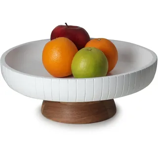 LAVAUK Obstschale aus Holz mit Sockel, 30,5 cm breit und 12,7 cm hoch, Sockel aus stabilem Akazienholz mit natürlicher Oberfläche, Weiß glänzend