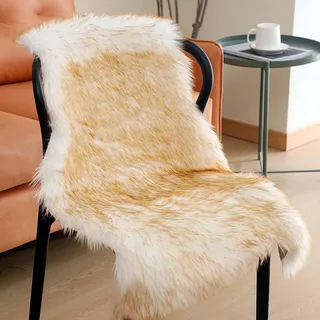 JXLOULAN Faux Schaffell Teppich Gradient Braun 60x90 cm, Weicher Flauschiger Longhair Fell Lammfellimitat Teppich für Wohnzimmer Deko Stühle Sofa Schlafzimmer