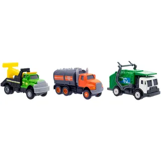 Mighty Fleet Diecast 3er-Pack, Abschleppwagen, Müllwagen und Tanker, langlebige 3-Zoll-Diecast-Fahrzeuge für Kinder im Alter von 3+ Jahren
