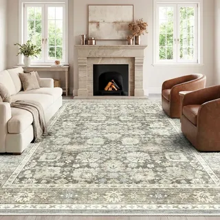 HOMFINE Grau Vintage Teppich Wohnzimmer 300x400 cm Waschbarer Kurzflor Boho Teppiche Weich rutschfest Groß Retro Rugs for Living Room Carpet for Schlafzimmer Esszimmer Küche