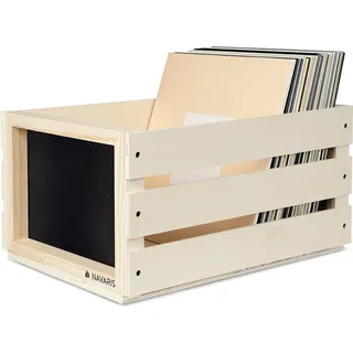 Aufbewahrungskiste für LPs mit Kreidetafel - Holzbox für Schallplatten - Aufbewahrungsbox für 50-80 Platten im Vintage-Stil - Naturholz