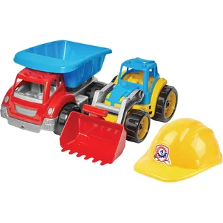 2er Set Baufahrzeuge Bagger Muldenkipper Bauhelm Bau 3954