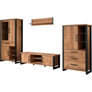 trendteam smart living - Enna - Wohnwand (Stauraumvitrine + Highboard + TV-Lowboard + Wandboard) - Mango/Schwarz - (BxHxT) 389 x 195 x 45 cm - Schwarze Metallgriffe