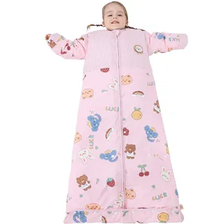 Chilsuessy Winter 2.5 Tog Kinder Schlafsack mit abnehmbaren Ärmeln Baby Schlafsack Bio Baumwolle Ganzjahres Schlafsack für Jungen und Mädchen Warm, 2.5 Tog/Kirschbär, L (100-130 cm)