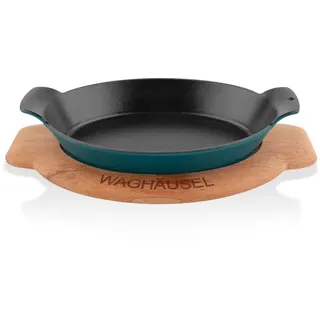 Sallys Gusseisen - Servierpfanne oval 18 x 24 cm - mit Echtholzuntersetzer - Petrol