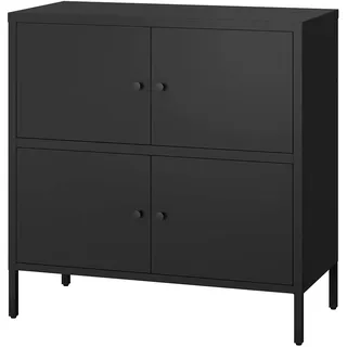 Metall Kommode – Sideboard mit 2 Fächern und 4 Türen – Metallschrank in Schwarz – Kleiner Mehrzweckschrank 80 cm breit – Höhenverstellbare Füße – Aufbewahrungsschrank – Wohnzimmerschrank - Schwarz