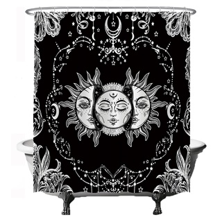 Ulticool Duschvorhang - Sonne Mond Sternzeichen Tarot Natur Bohemian - 180 x 200 cm – Anti Schimmel - Waschbar – Wasserdicht - mit 12 Ringe - Schwarz Weiß