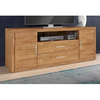 Home Affaire Lowboard HOME AFFAIRE "Logo,160cm breit,42 cm tief, Fronten Massivholz, Kabeldurchführung", braun (eiche teilmassiv), B:160cm H:62cm T:42cm, Holz teilmassiv, Sideboards, Lowboard, Korpus Holzwerkstoff,62 cm hoch, 5 Fächer, Metallgriffe