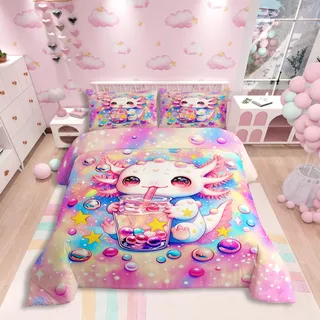 Homewish Süße Axolotl Bettwäsche Mädchen 135x200 Regenbogen Ombre Kawaii Ozeantier Axolotl Bettbezug für Frauen Teenager Sternenhimmel Raumdekor Bettset Salamander Enthusiasten Bettwäscheset 2 Teilig