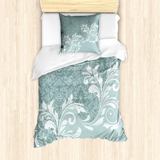 ABAKUHAUS Vintage Bettbezug Set für Einzelbetten, Retro Blumen Efeu Wirbel, Milbensicher Allergiker geeignet mit Kissenbezug, Mandelgrün Dunkel Meergrün und Weiß - Weiß