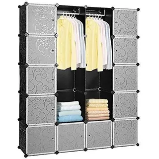 karpal 20 Wuerfel DIY Regalsystem Kleiderschrank Offen Kunststoff Garderobe mit Tueren Garderobenschrank Schwarz 180 * 142 * 37CM - Schwarz