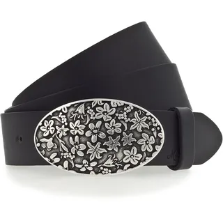 Koppelgürtel MUSTANG "Jenna", Damen, Gr. 75, schwarz (790, schwarz), Rindsleder, unifarben, Gürtel Koppelgürtel, Florale Koppelschließe in mattem Silber, 3,5 cm