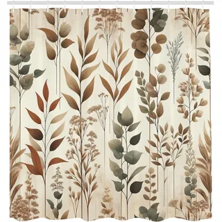 ABAKUHAUS Braun Duschvorhang, Vintage Botanik Kunst Aquarell Eukalyptuszweige und blättrige Motive, Stoffliches Gewebe Badezimmerdekorationsset mit Haken, 175 x 200 cm, Blasses Kamel Lorbeergün