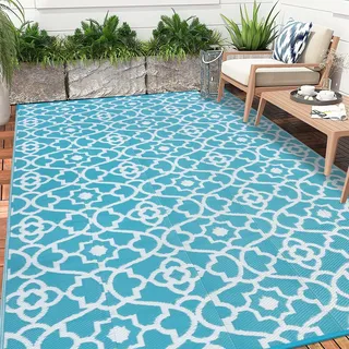 Enyhom Große Outdoor-Teppiche für den Garten, wasserdicht, 240 x 300 cm, wendbare Outdoor-Matten, Kunststoff-Strohteppich, tragbar, faltbar, Picknick, gewebter Teppich für Wohnmobil, Terrasse, Türkis