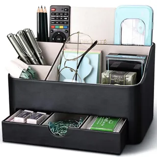 KINGFOM Büro Schreibtisch Organizer Mit 5 Fächern & Schubladen, Multifunktionales Ordnungssystem - Stiftehalter für Schreibtisch Organisation in Büro, Zuhause, Schule (Schwarz)