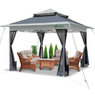 VOUNOT Pavillon Faltbar 3,6x3,6m, Pop Up Partyzelt mit Mesh Sides & Doppeldach, Faltpavillon Stabil mit Bein Gewichte & Roller Bag, Gartenpavillon Gartenzelt Grau