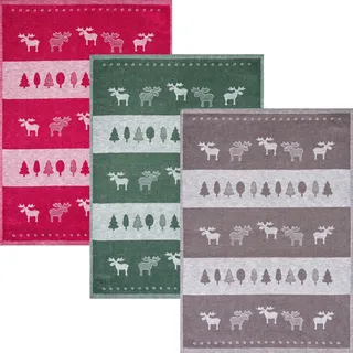 Kracht Geschirrtuch "Elchreihe" 3er-Pack Halbleinen rot/grau/dunkelgrün Größe 50x70 cm