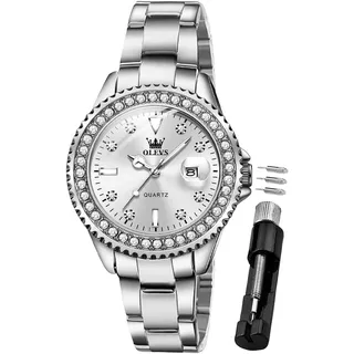 Elegante Damenuhr mit Diamant-Details, analoges Design, kleines Zifferblatt, silbernes Edelstahlarmband, wasserdicht, perfekt als Geschenk für Frauen.