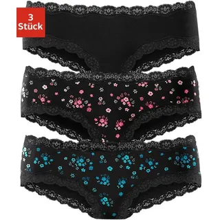 Panty BUFFALO, Damen, Gr. 44/46, bunt (koralle, geblümt, petrol, geblümt, schwarz, uni), Jersey, Obermaterial: 95% Baumwolle, 5% Elasthan. Spitze: 90% Polyamid, 10% Elasthan, geblümt, unifarben, körpernah, Unterhosen Panty, aus elastischer Baumwolle mit floraler Spitze, Topseller