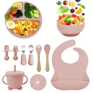 Bizcasa Silikon Baby Geschirrset,11 Stücke Rutschfest Kindergeschirr Set mit Saugnapf,Kindergeschirr Baby-Teller,BPA Frei Esslernbesteck Sets mit Löffel Gabel Schüssel Lätzchen Becher (Rosa)