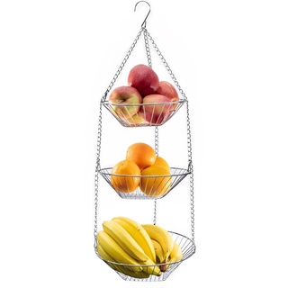 INTIRILIFE Küchenampel Hängekorb für Obst und Gemüse SILBER - 23/25.5/28 x 73 cm - 3 Stockwerke, Obstkorb zum Aufhängen - Obstschale platzsparend Küche, 3 Etagen, 3er Etagere für die Decke