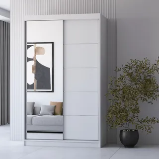 Kleiderschrank Schiebetürenschrank Schrank Schwebetürenschrank 120cm Weiß/Weiß mit Spiegel Neomi 05 - Weiß