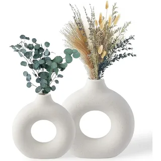BASVII Kleine Weiße Vase für Pampasgras - Boho Keramik Blumenvase Modern, Zimmer Aesthetic - Donut Rund für Wohnzimmer, Flur, Fensterbank, Esstisch
