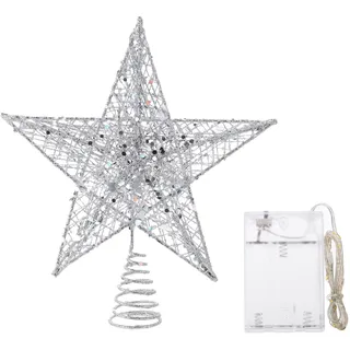 SOLUSTRE Weihnachtsbaumspitze Stern 20Cm Metall Silber Mit Led Lichterkette Baumdeko Für Festliche Weihnachtsbeleuchtung Und Nachtlicht