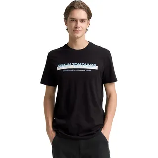TOM TAILOR Denim Herren Slim Fit T-Shirt mit Logo-Print aus Baumwolle, Black, L