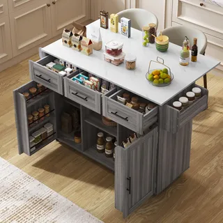 Fortuna Lai 139x46(71)x91.5 cm großer Servierwagen/Beistellschrank, graues Massivholz-Furnier für den Korpus + weiße Marmor-Furnierdekoration für die Arbeitsplatte, Schrank/klappbare Arbeitsfläche/Stauraumtüren/r - Grau