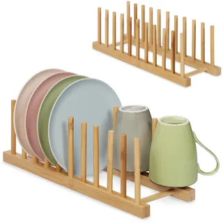 Relaxdays Tellerständer 2er Set, je für 10 Teller, Topfdeckel, Schneidebretter, Bambus Abtropfgestell Geschirr, Natur