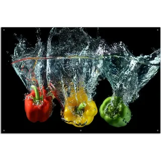 Wallario Outdoor-Poster für Garten oder Balkon, Motiv Paprika-Mix - frische Paprika in rot, gelb und grün im Wasser, in ca. 61 x 91,50 cm - Schwarz