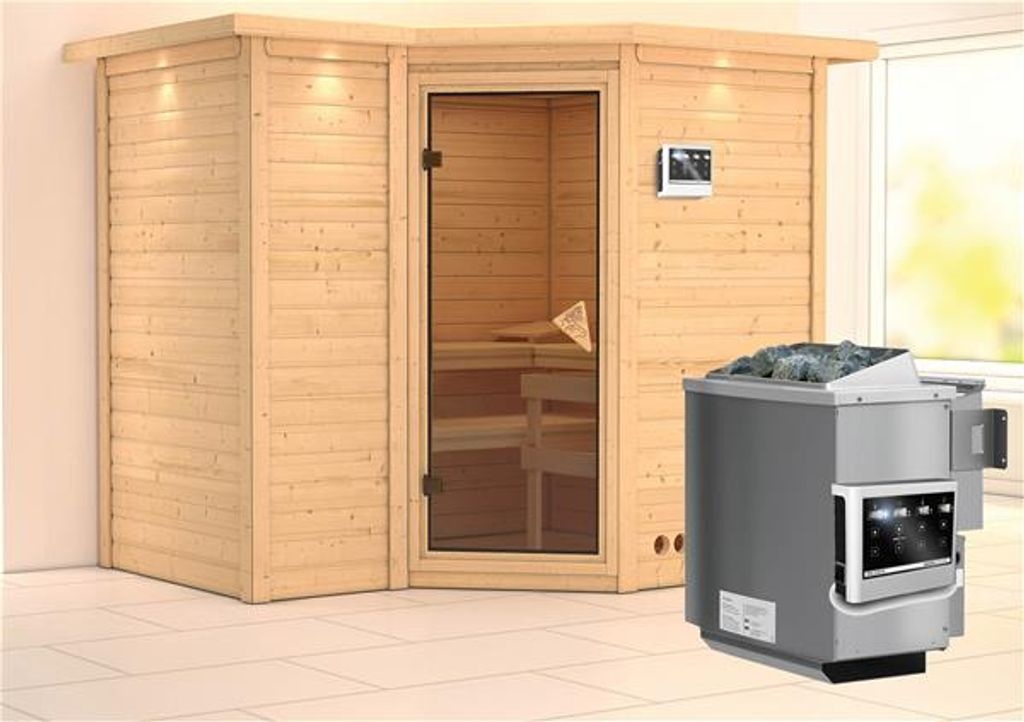 Bild von Sauna Sahib 2 mit Dachkranz Ofen 9kW extern classic Tür