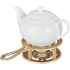 Relaxdays Stövchen, für Tee- & Kaffeekannen, Gusseisen, für 1 Teelicht, antikes Design, rustikaler Teewärmer, Gold