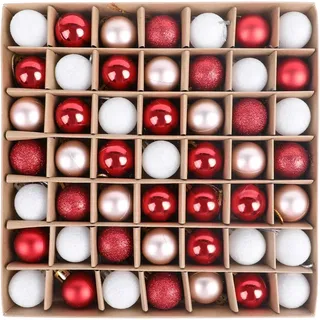DERAYEE klein Weihnachtskugeln, 49 Stück 3cm Weihnachtsbaumkugeln Glitter Weihnachtskugeln für Weihnachtsbaum Dekoration,Weihnachtsbaumschmuck(rot&weiß&Roségold)