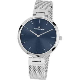 Quarzuhr JACQUES LEMANS "Milano", silber (silberfarben, blau), Armbanduhren, Damen, Quarzuhr, Armbanduhr, Damenuhr, gehärtetes Crystexglas, Edelstahlarmband
